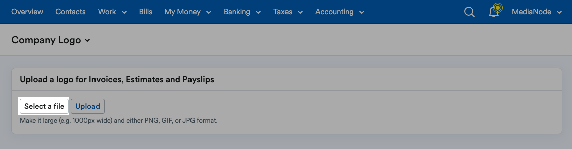 ‘Select a file’ button highlighted on Company Logo page.