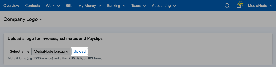 ‘Upload’ button highlighted on Company Logo page.