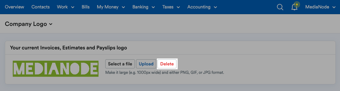 ‘Delete’ button highlighted on Company Logo page.