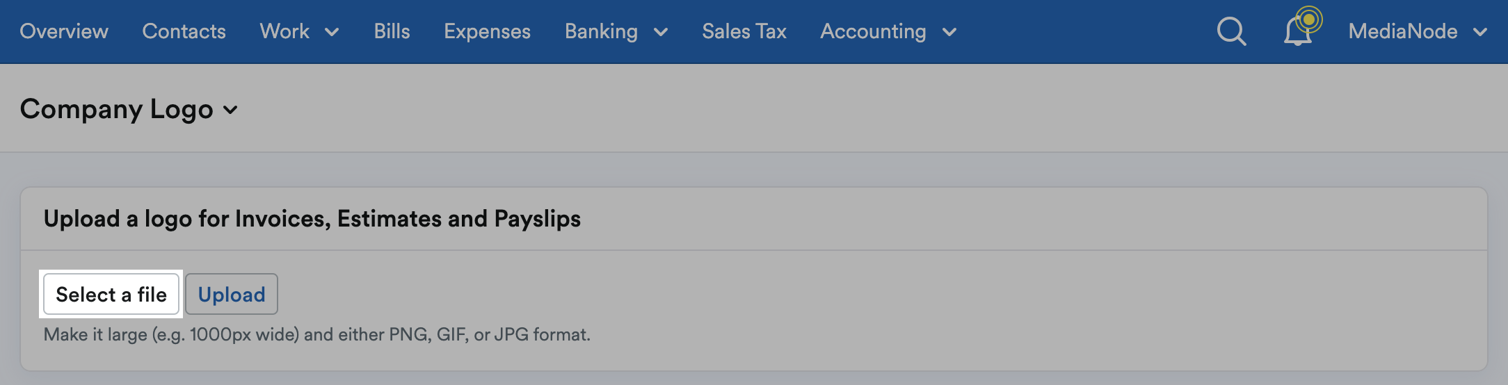 ‘Select a file’ button highlighted on Company Logo page.