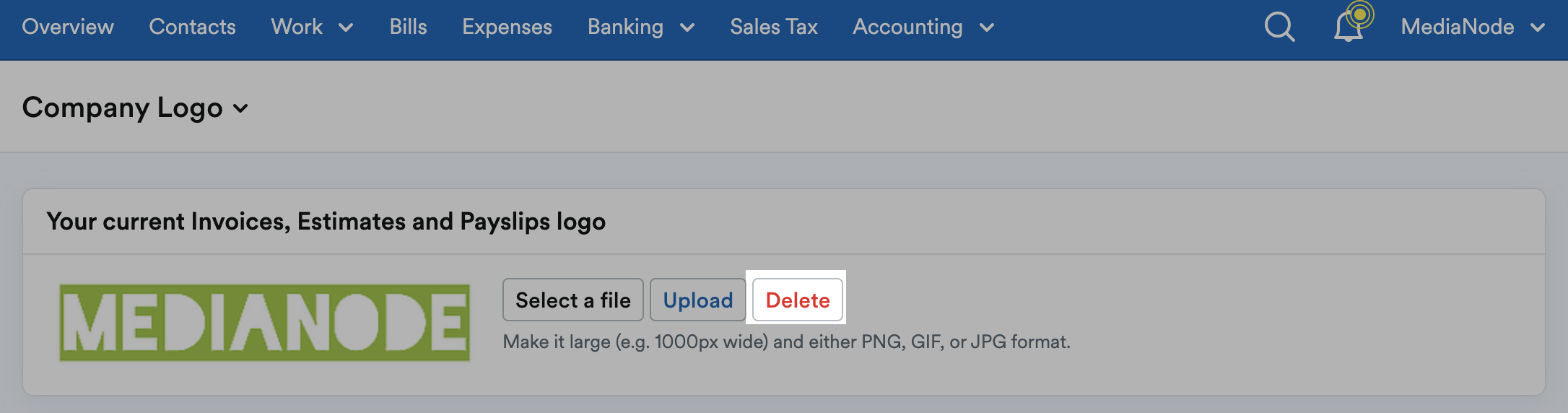 ‘Delete’ button highlighted on Company Logo page.