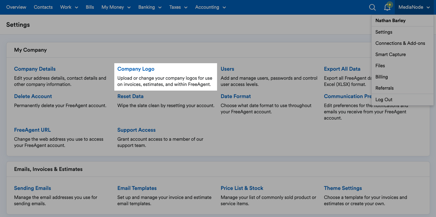 'Company Logo' highlighted in My Company section of Settings page.