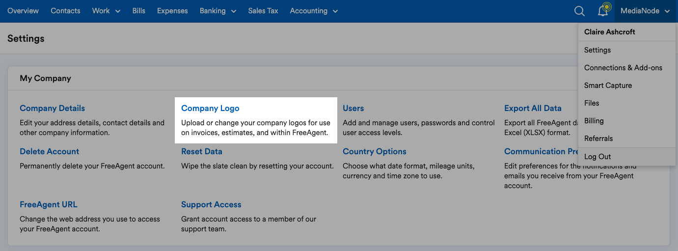 ‘Company Logo’ highlighted in My Company area of Settings page.
