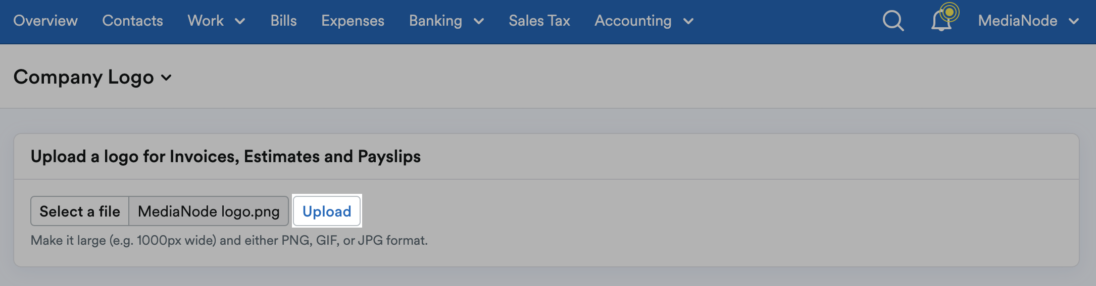 ‘Upload’ button highlighted on Company Logo page.