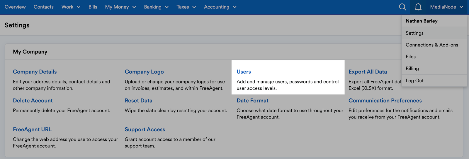 'Users' option highlighted within 'My Company' area on the Settings page.