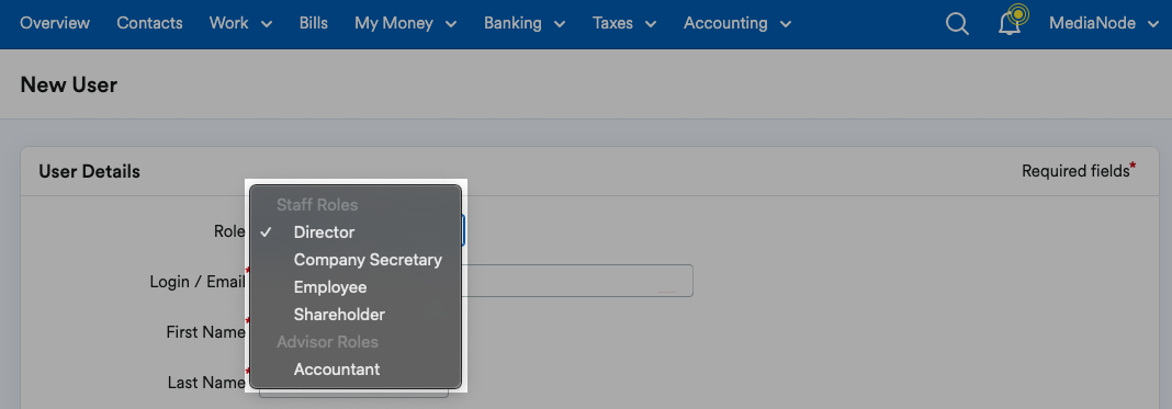 Role drop down menu showing Staff Roles of Director, Company Secretary, Employee and Shareholder, and Advisor Role of Accountant.