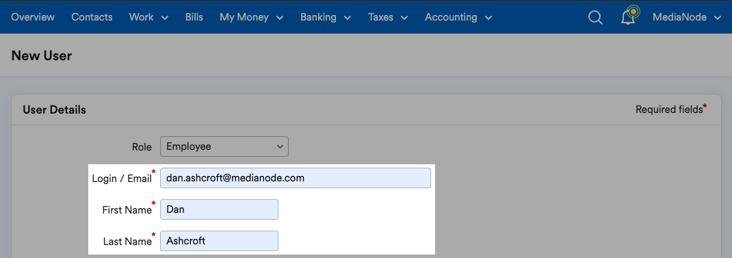 Fields to enter new user’s Login or email and first and last name on the New User page.