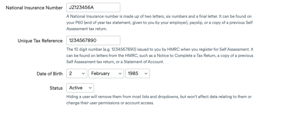 Fields to enter National Insurance Number, Unique Tax Reference, Date of Birth and Status to set to Active or Hidden.