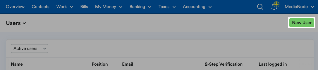 ‘New User’ button highlighted on Users page.