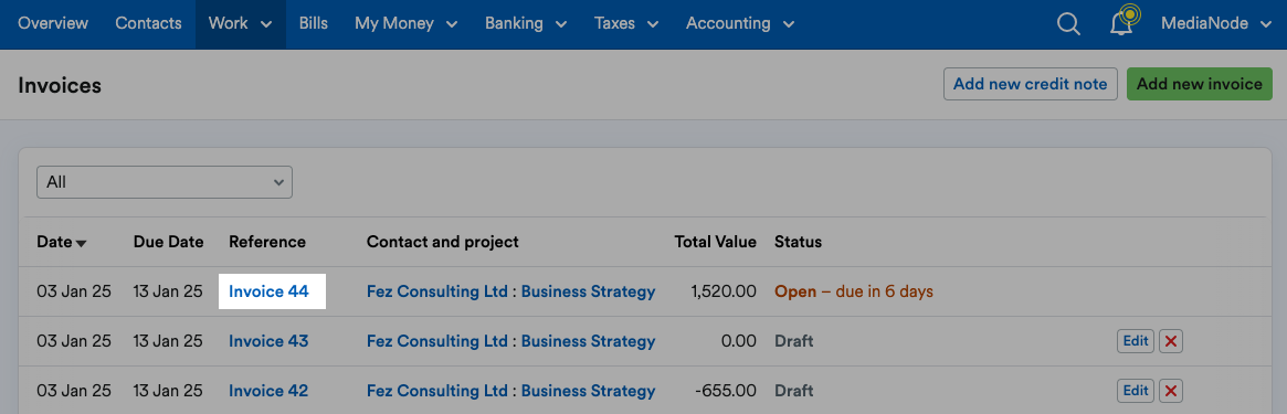 Invoice reference highlighted on list of invoices.