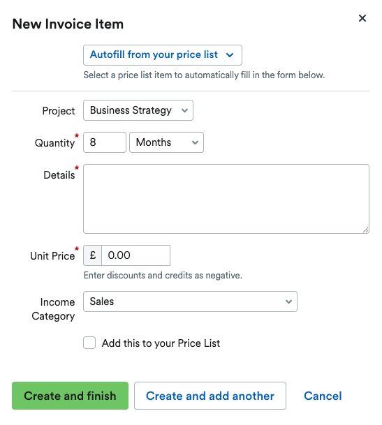 'New Invoice Item' pop up window.