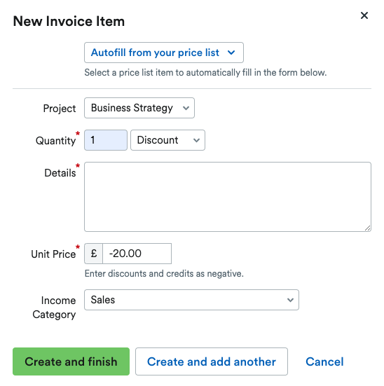New Invoice Item for a discount with Unit Price as a minus figure.