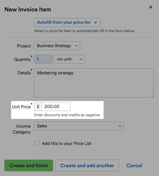 Unit Price box of a New Invoice Item.