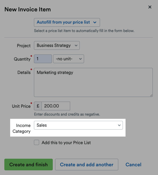 Income Category highlighted in the New Invoice Item pop up window.