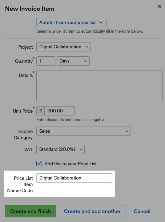 Price List Item Name / Code highlighted on New Invoice Item pop up window.