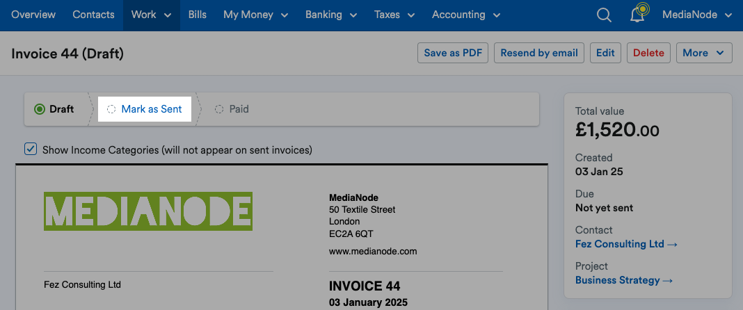 'Mark as Sent' button highlighted above the Invoice.