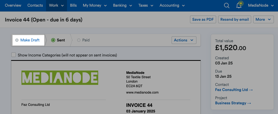 'Make Draft' button highlighted above the Invoice.