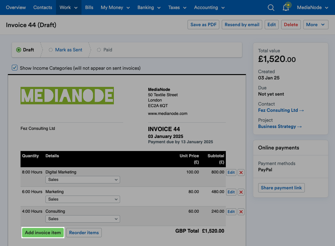 'Add invoice item' button highlighted on the Invoice.