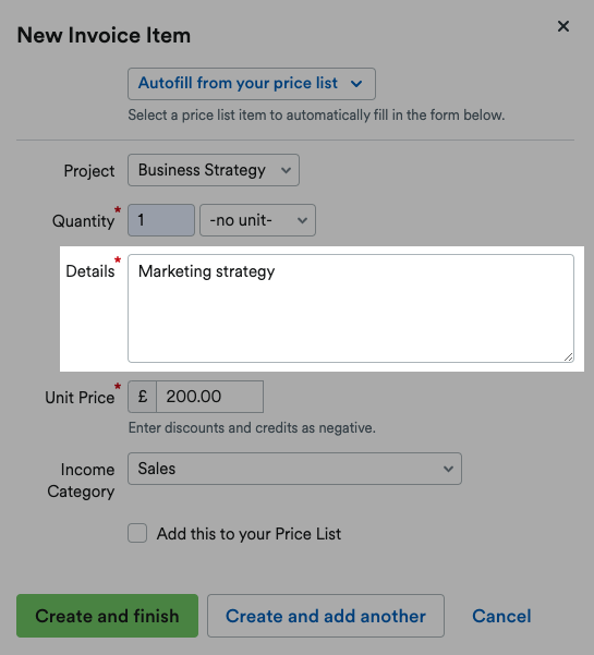 Example description written in the 'Details' box of a New Invoice Item.