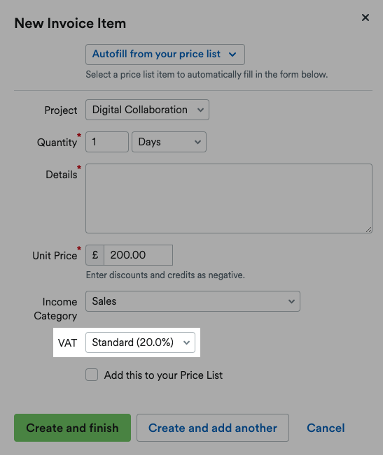 VAT section of New Invoice Item highlighted.
