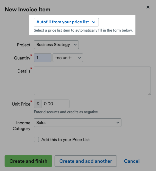 'Autofill from you price list' drop down menu highlighted.