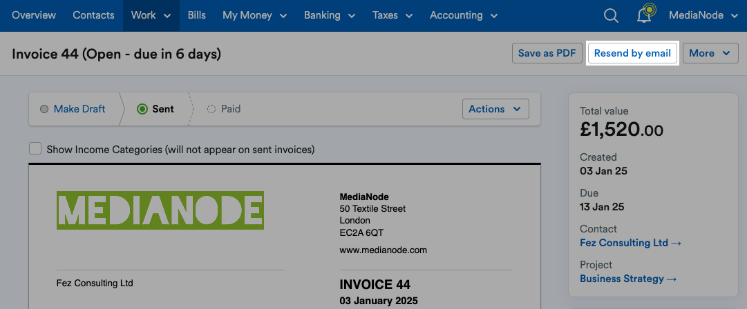 'Resend by email' button highlighted at top of Invoice page.