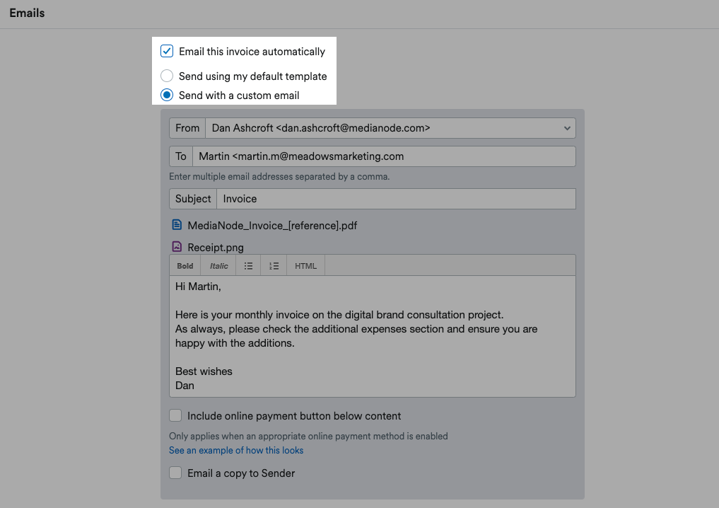 Options to Email this invoice automatically and Send with a custom email selected.