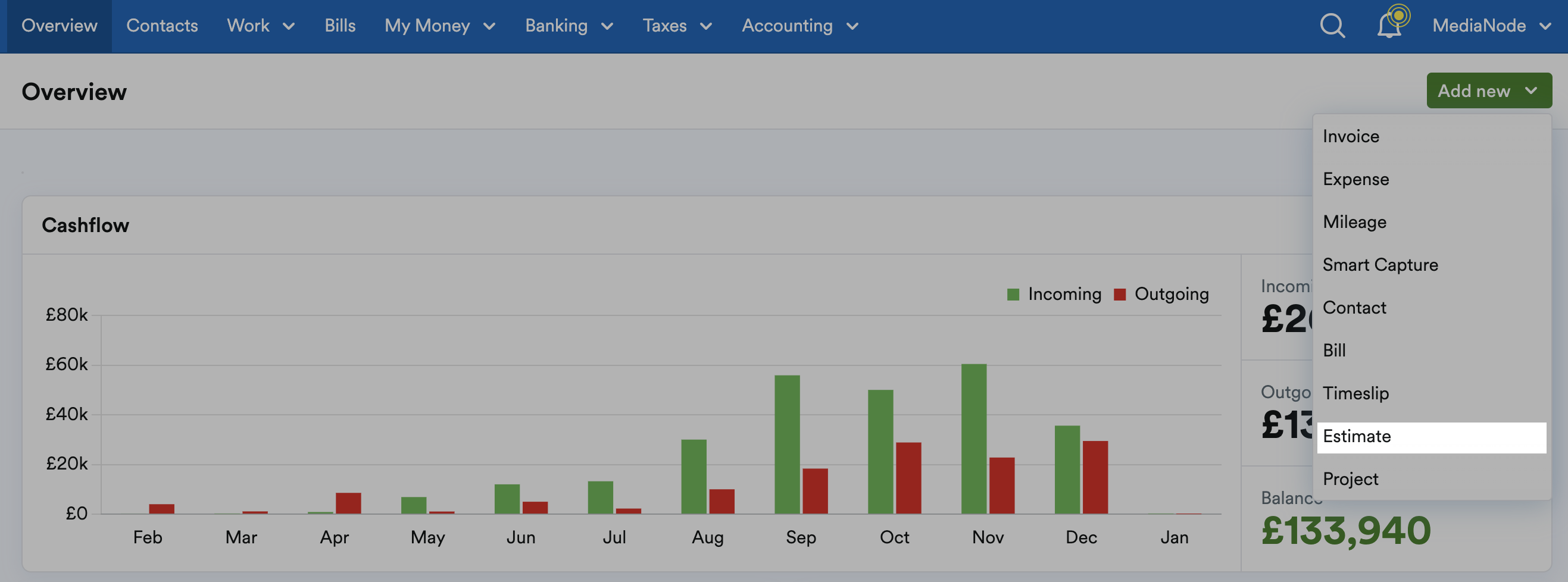Estimate highlighted on Add new drop down menu.