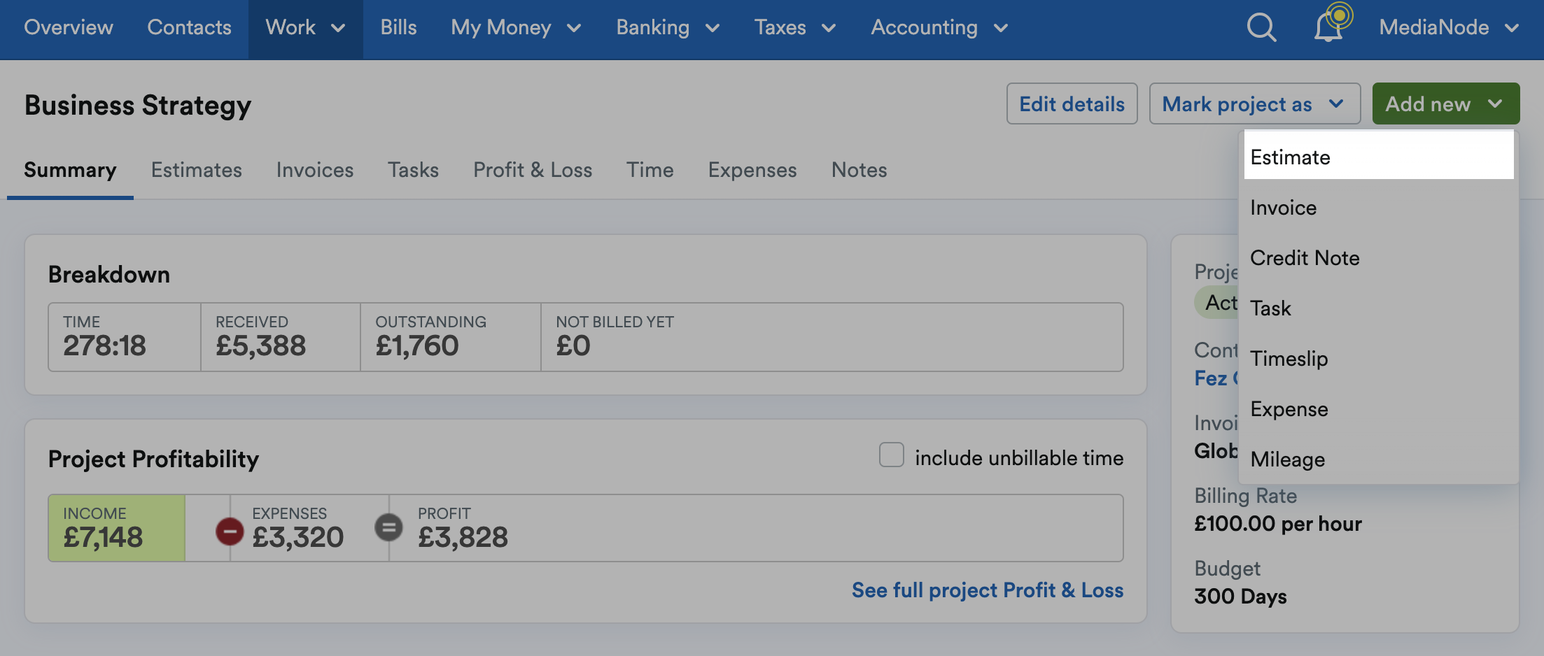 Estimate highlighted on Add new drop down menu inside project.
