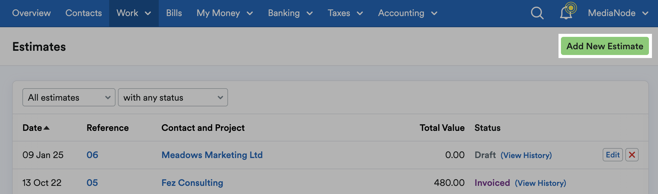 'Add New Estimate' button highlighted at top of Estimates page.