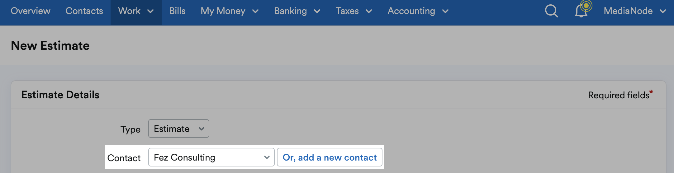 Contact field highlighted in Estimate Details section of New Estimate page.