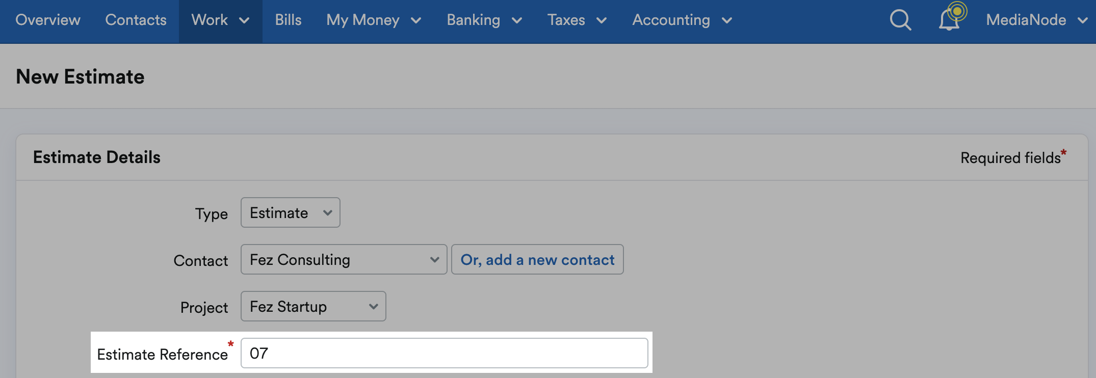 Estimate Reference field highlighted in Estimate Details section of New Estimate page.