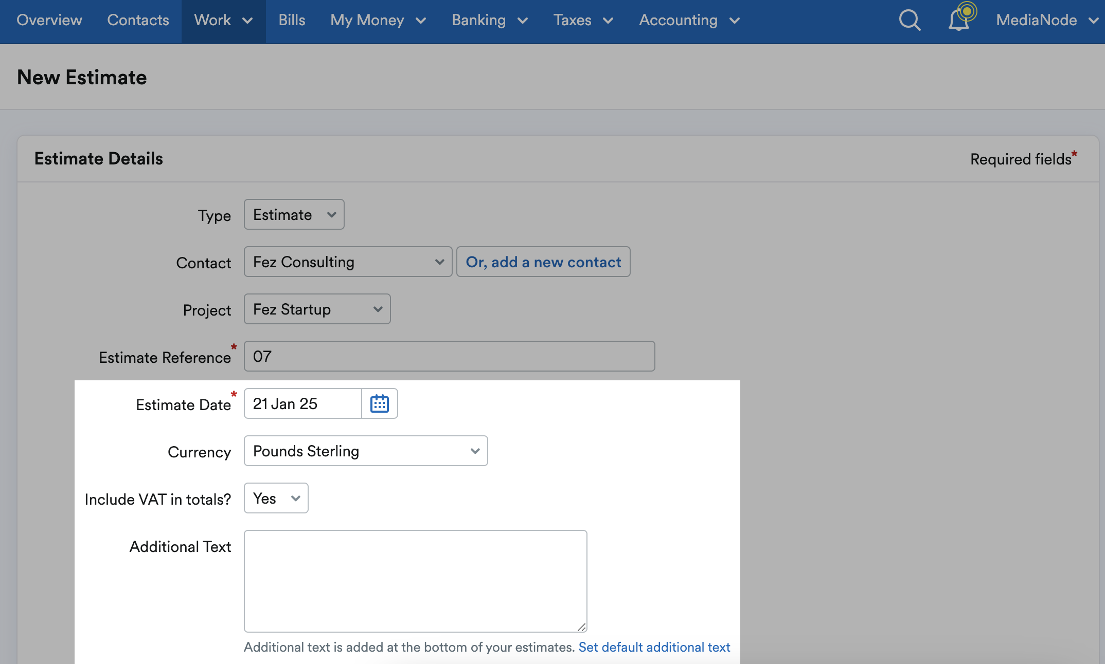 Estimate Date, currency, VAT inclusion and Additional text fields highlighted.