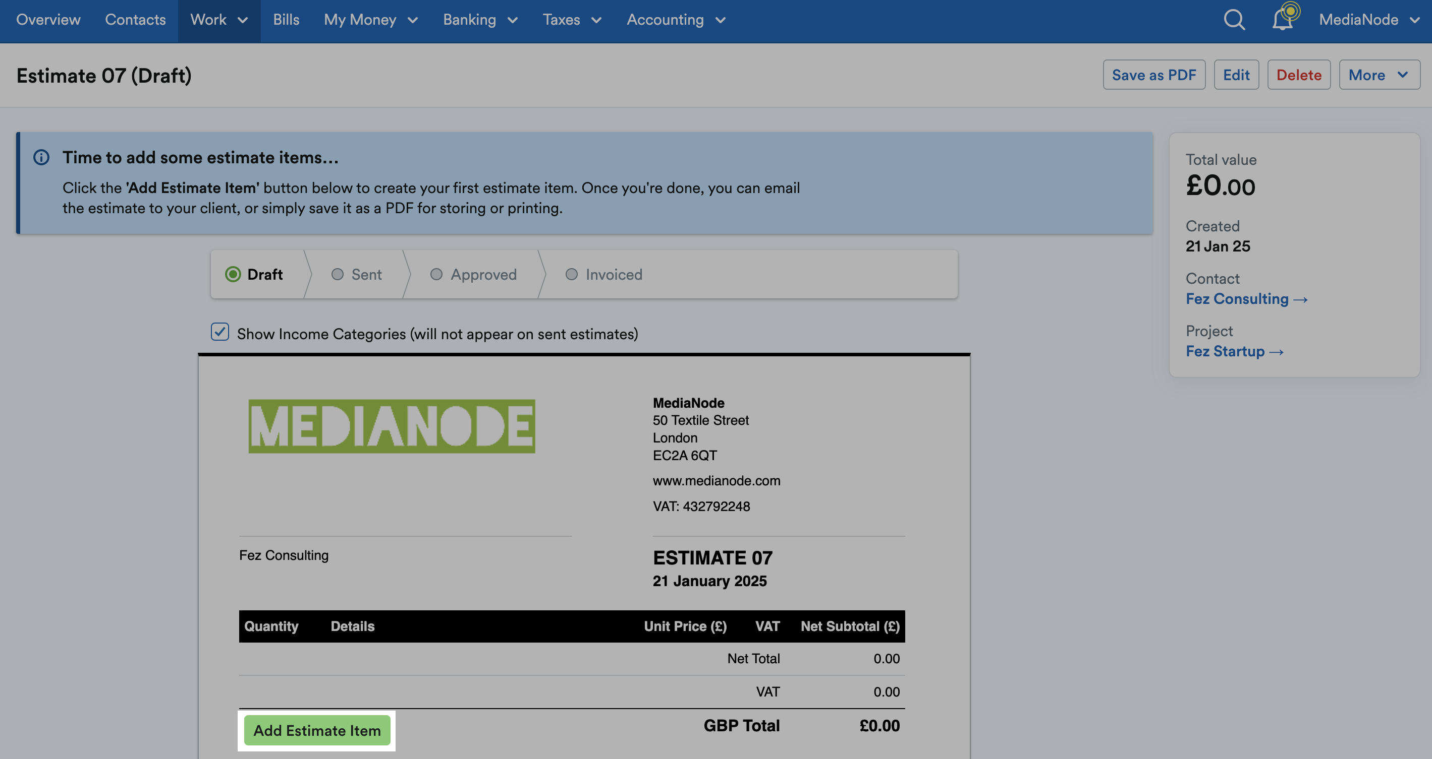'Add Estimate Item' button highlighted on Estimate.