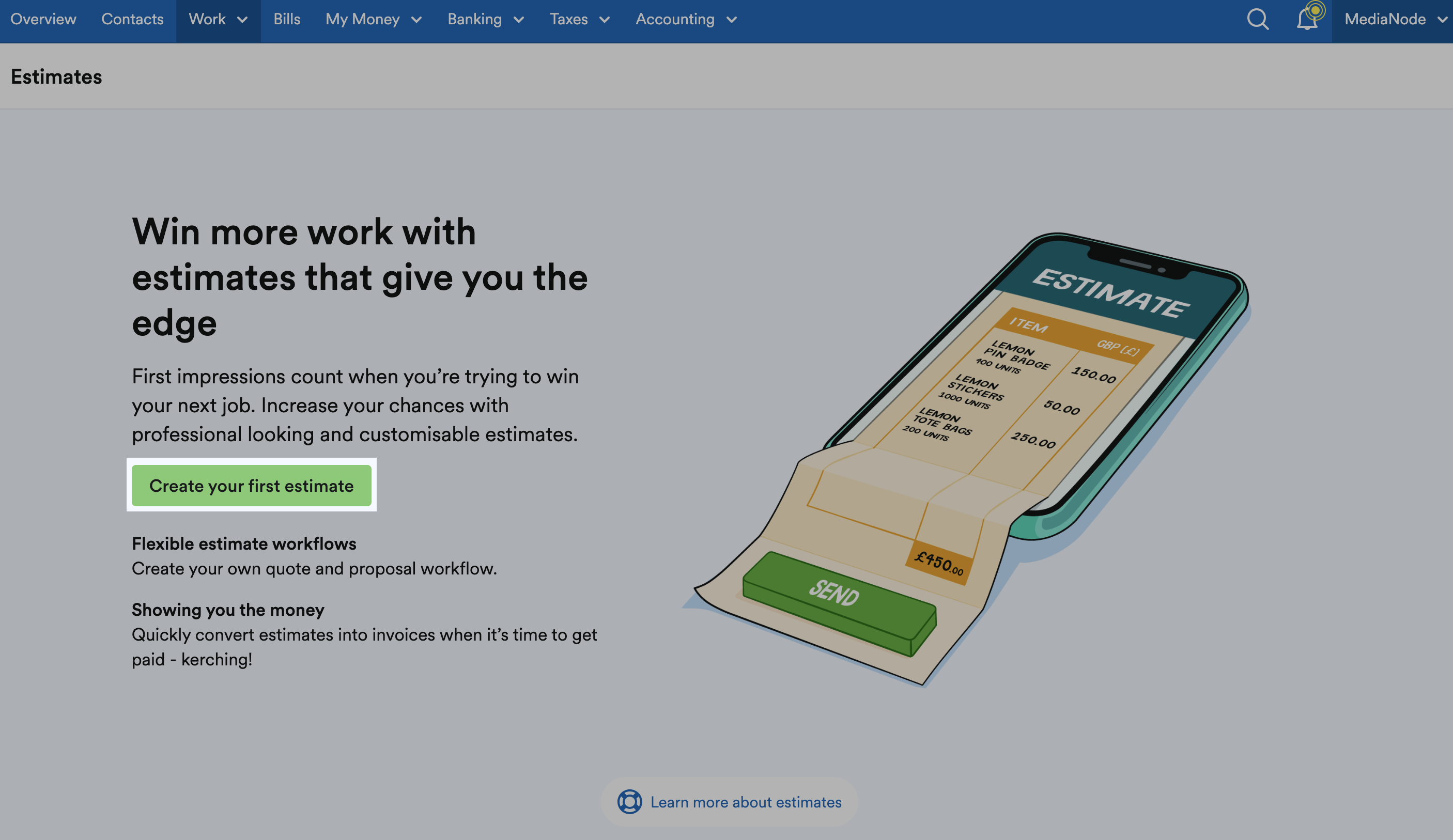 'Create your first estimate' button highlighted on Estimates page.