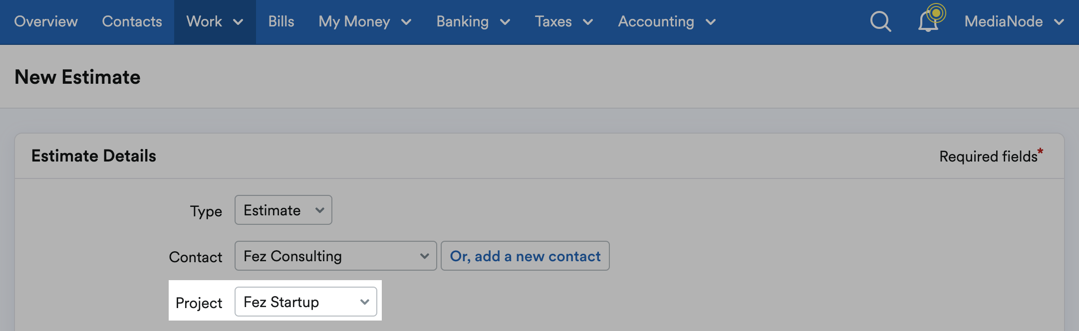Project field highlighted in Estimate Details section of New Estimate page.