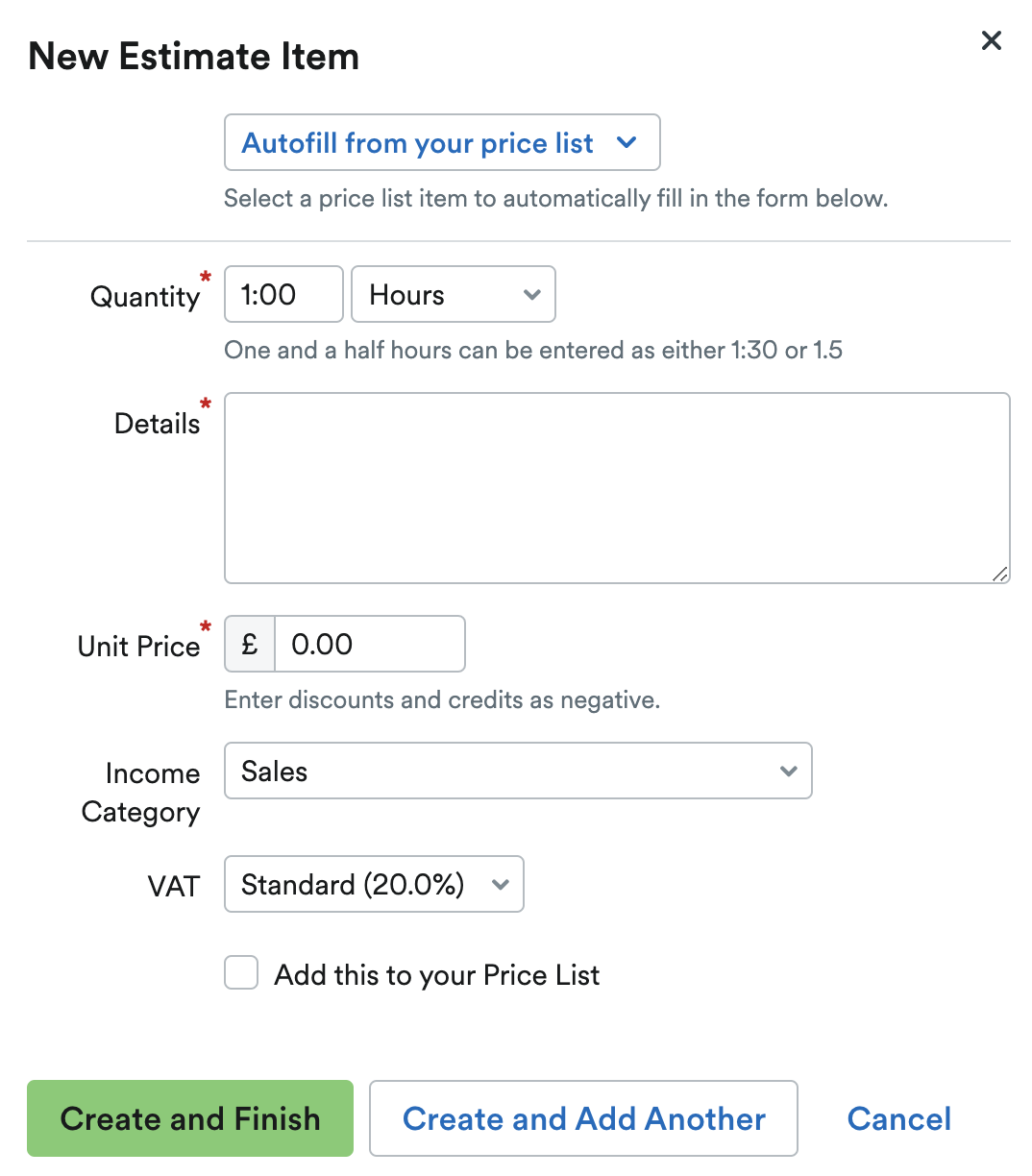 'New Estimate Item' pop up window.