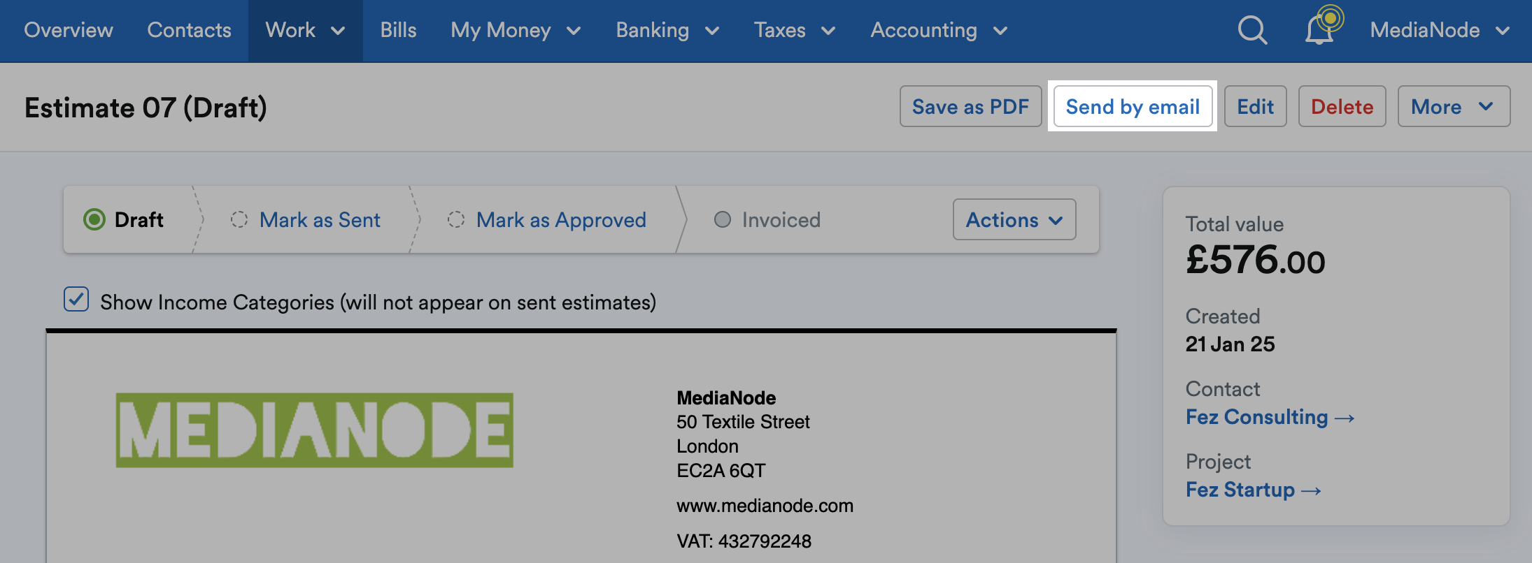 'Send by email' button highlighted at top of Estimate page.