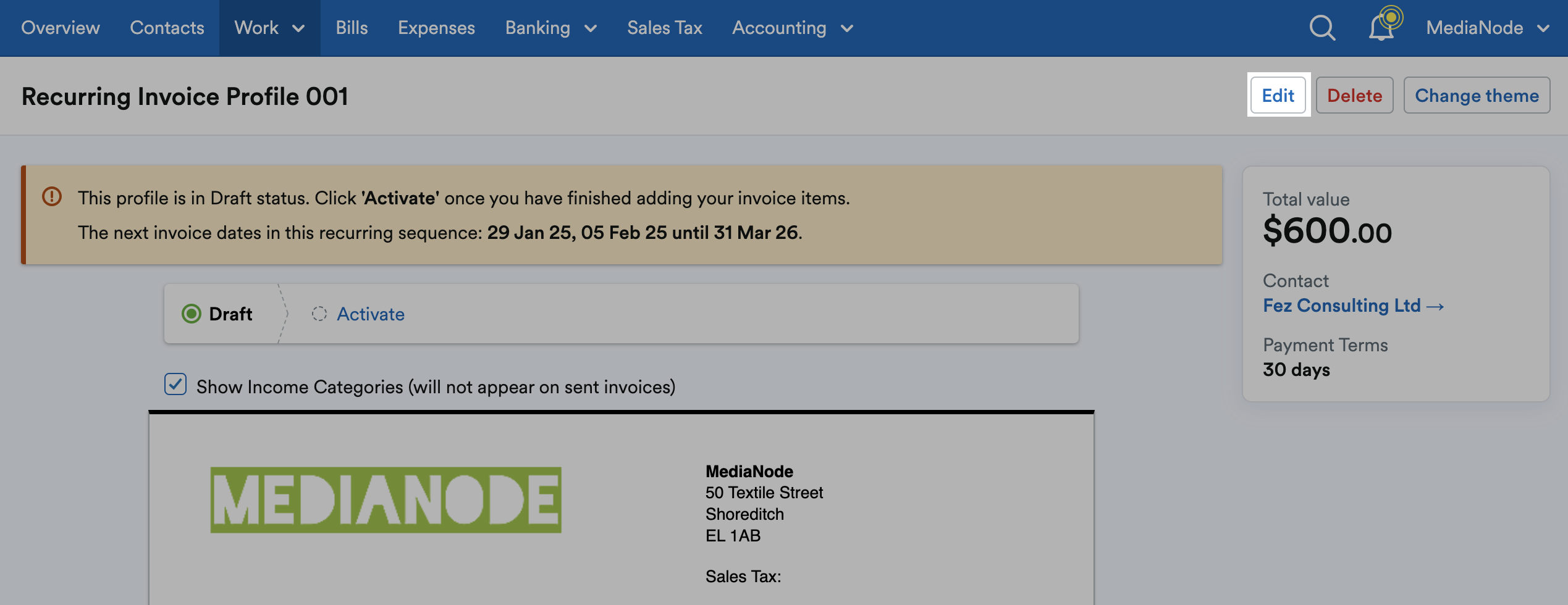 'Edit' button highlighted at top of Recurring Invoice Profile page.