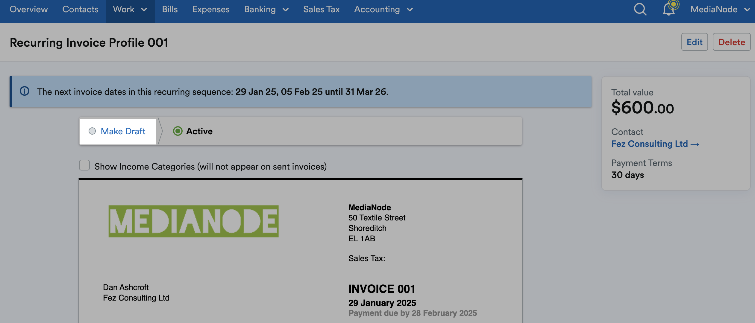 'Make Draft' button highlighted on Recurring Invoice Profile page.