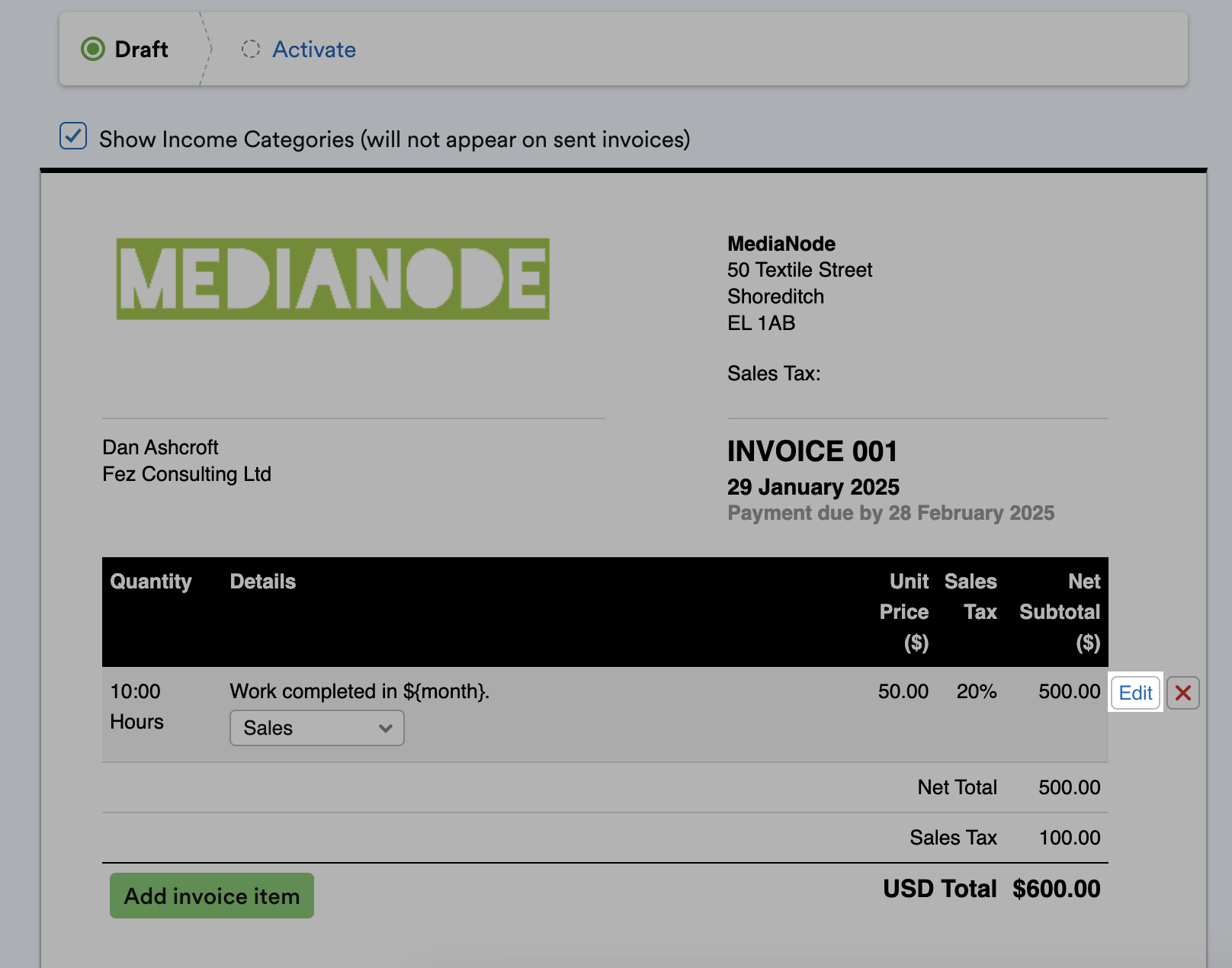 'Edit' button highlighted next to invoice line item.