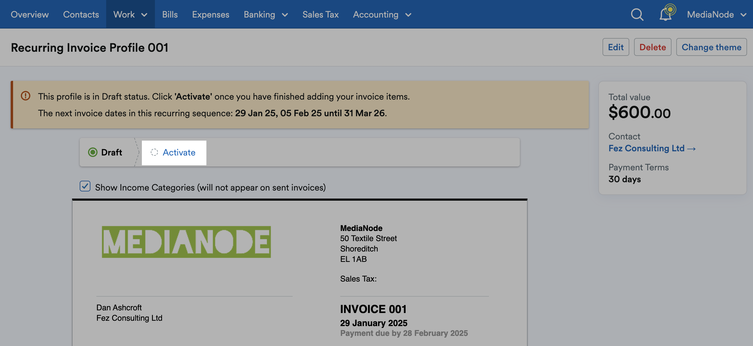 'Activate' button highlighted on Recurring Invoice Profile page.