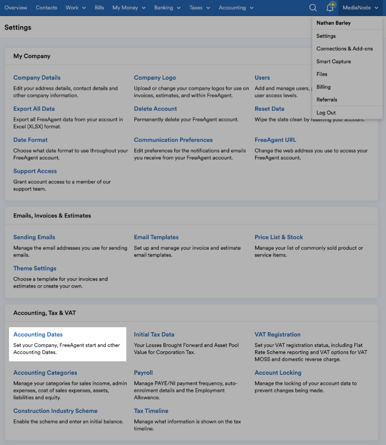 ‘Accounting Dates’ highlighted in Account, Tax & VAT section of Settings page.
