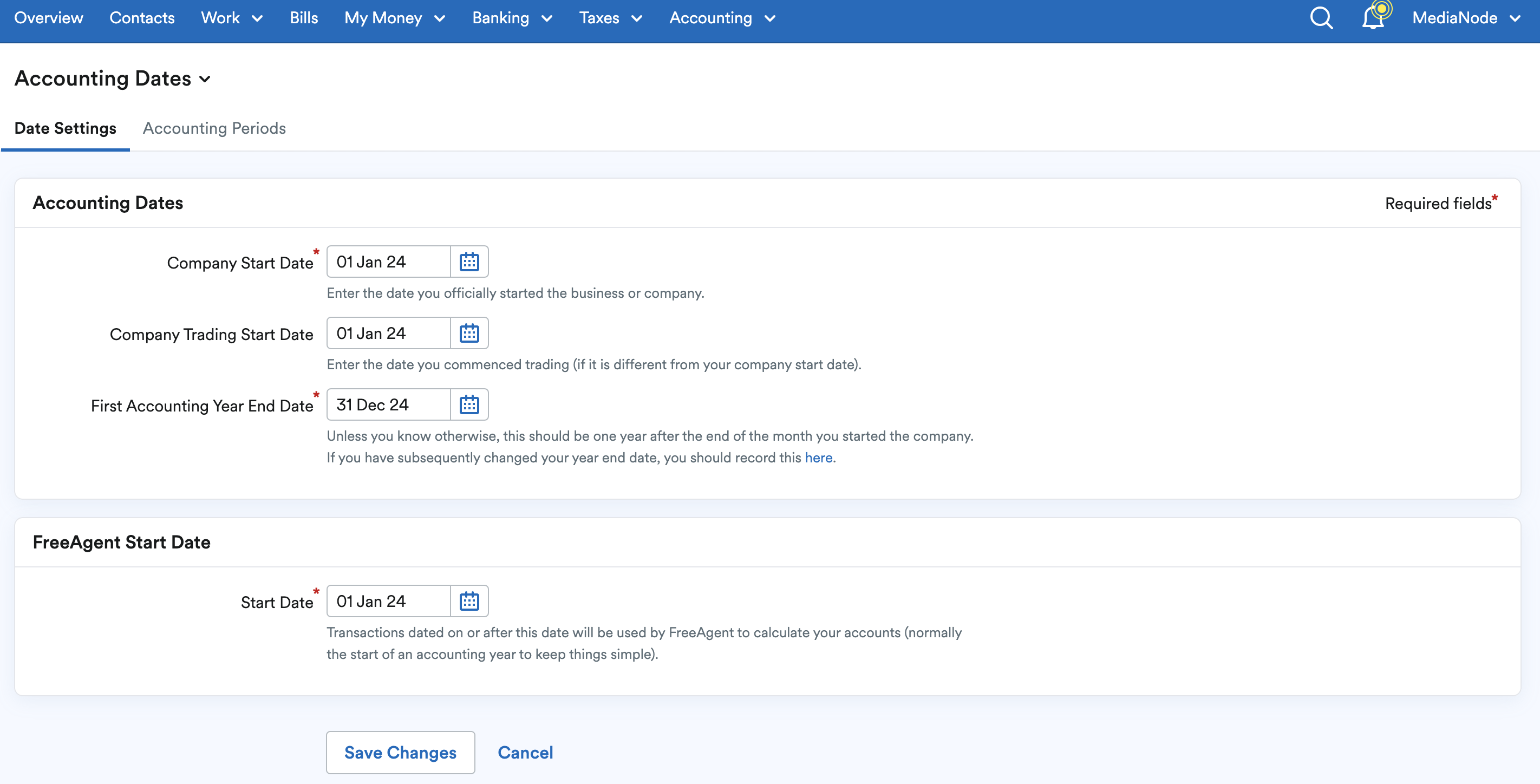 Accounting Dates page with fields for FreeAgent, company and company trading start dates and First accounting year end date.