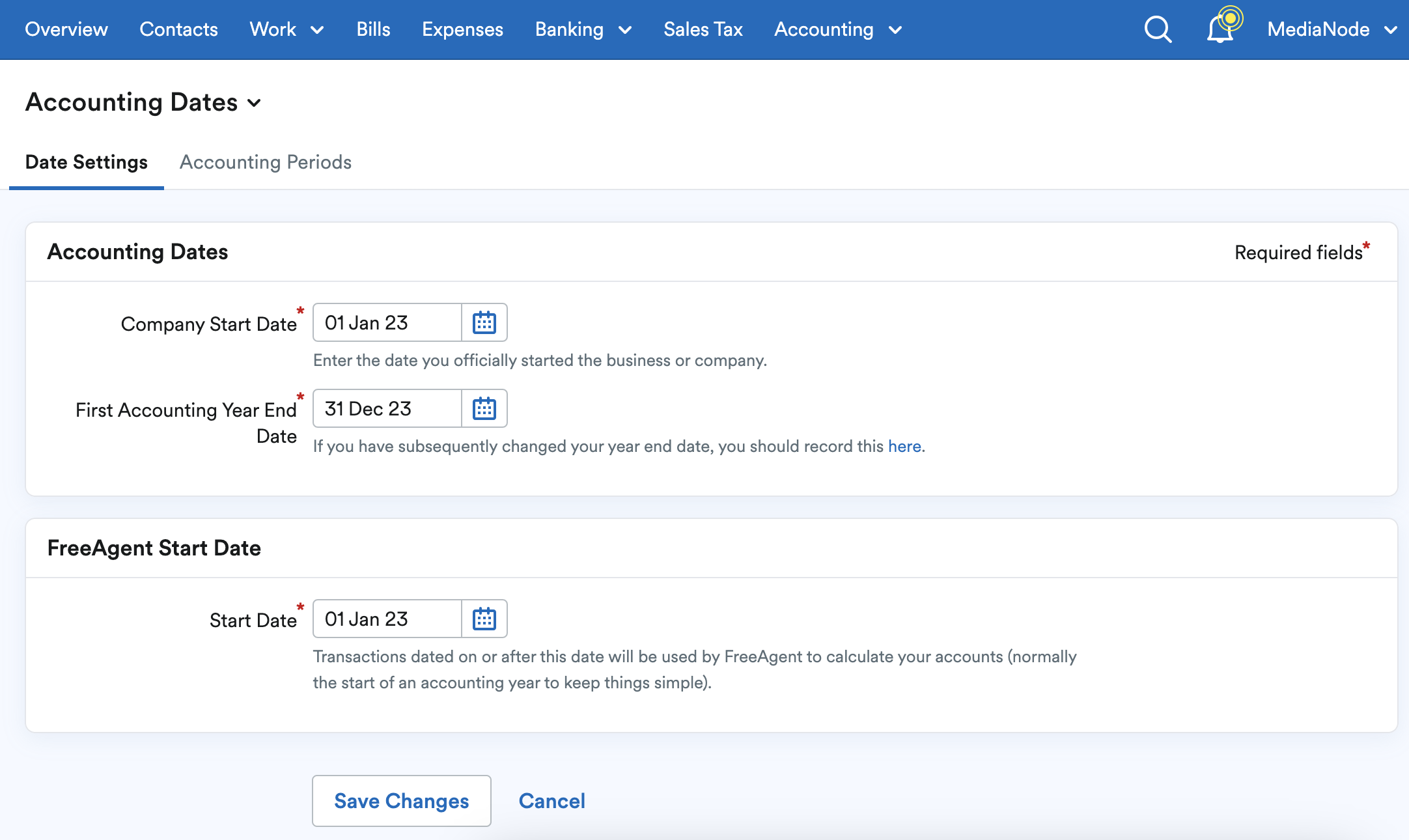 Accounting Dates page with fields for company start date and FreeAgent start date and First Accounting Year End Date.