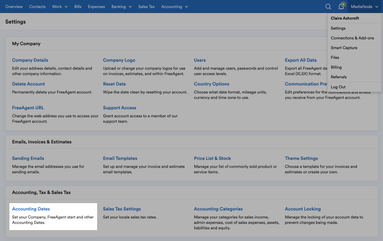 ‘Accounting Dates’ highlighted in Account, Tax and Sales Tax section of Settings page.