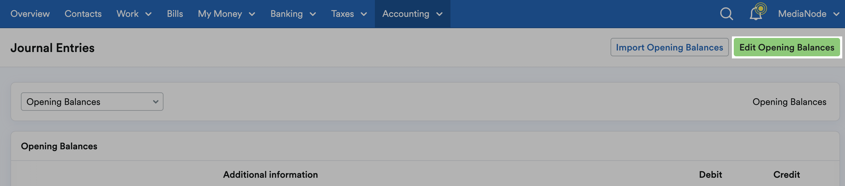 ‘Edit Opening Balances’ button highlighted on Journal Entries page.