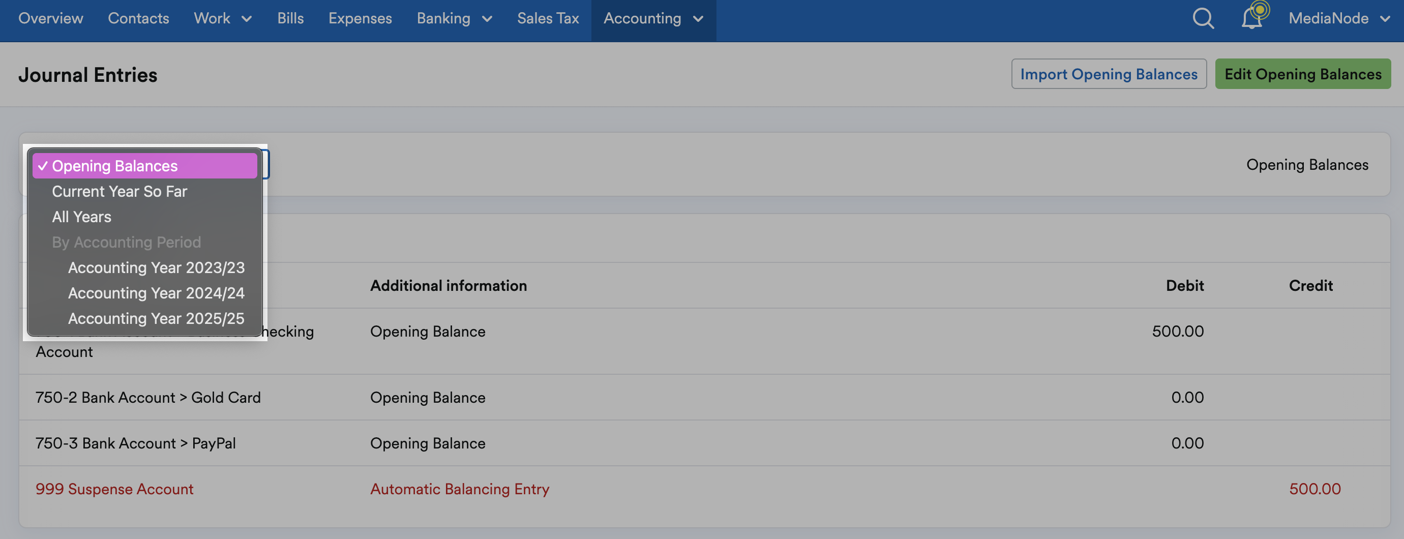 ‘Opening Balances’ selected on drop down menu on Journal Entries page.