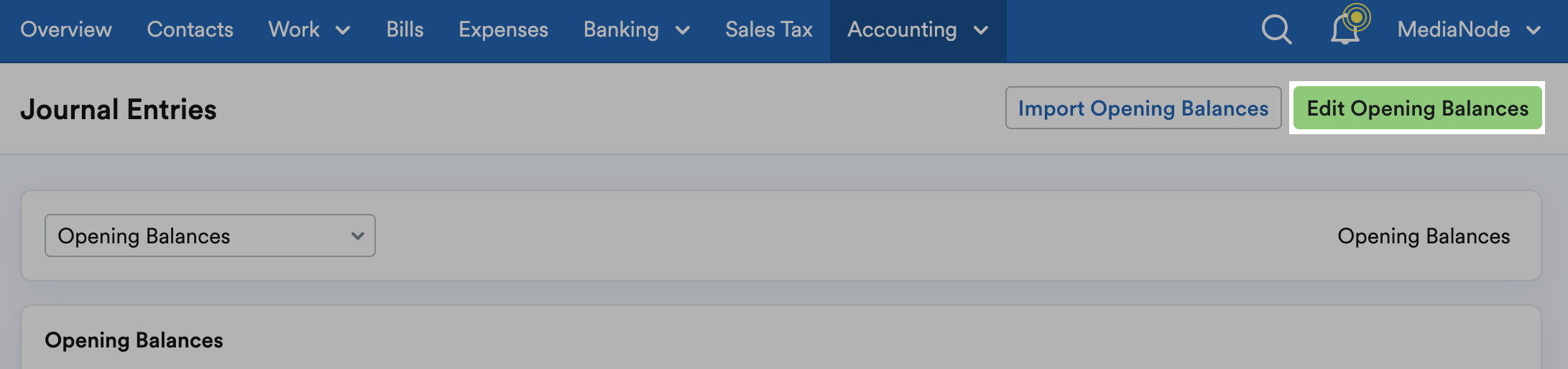‘Edit Opening Balances’ button highlighted on Journal Entries page.