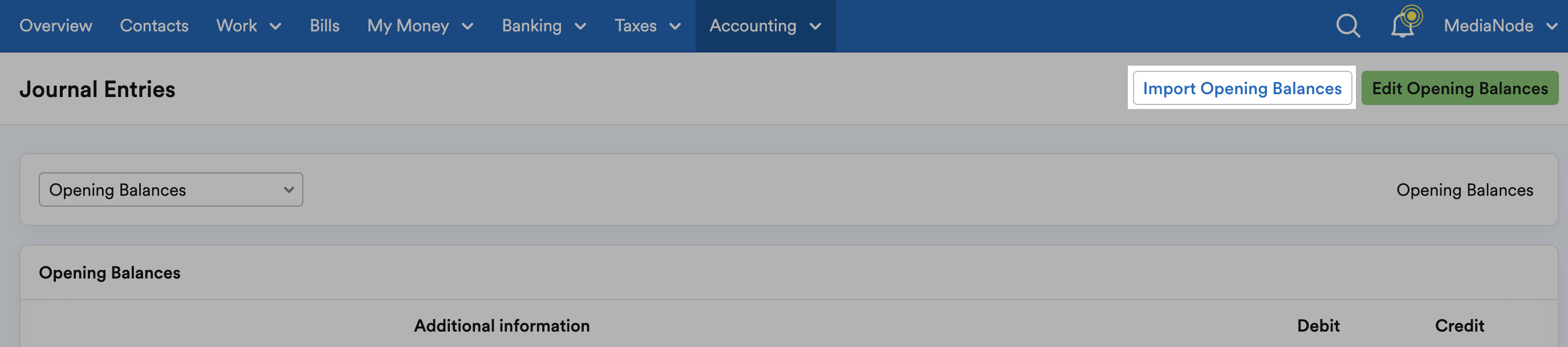 ‘Import Opening Balances’ button highlighted on Journal Entries page.
